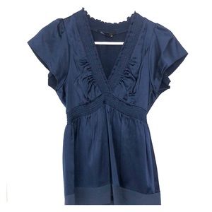 Navy BCBG Silk Short Sleeve Blouse in XXS